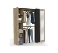 Dressing extensible MERYL 145/170 x 50 x 180 cm hêtre avec étagères + double penderie + miroir + rideau noir