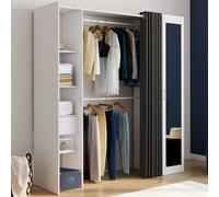 IDMarket - Dressing extensible MERYL 145/170 x 50 x 180 cm blanc avec étagères + double penderie + miroir + rideau gris