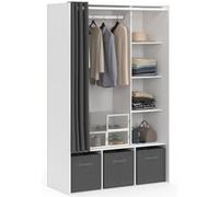 IDMarket - Dressing penderie DIANE 105 x 45 x 167 cm blanc avec étagères + boites de rangement + rideau gris