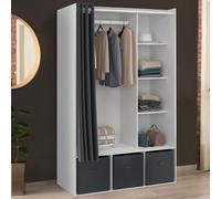 Dressing penderie DIANE 105 x 50 x 172 cm blanc avec étagères + boites de rangement + rideau gris