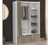 Dressing penderie DIANE 105 x 50 x 172 cm blanc avec étagères + boites de rangement + rideau taupe