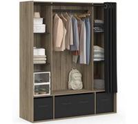 IDMarket Dressing DIANE 140×45×167 cm hêtre avec étagères, boîtes de rangement et rideau noir