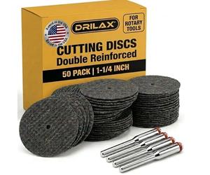DRILAX Meules à tronçonner renforcées en fibre de verre 50 pièces Disque d'outil de coupe abrasif de 1 1/4 pouce de diamètre avec 4 mandrins inclus Disques rotatifs compatibles avec Dremel 426 426b