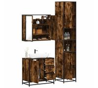 Drillkyn Lot de 3 meubles de salle de bain en bois de chêne fumé avec lavabo, armoire à miroir, armoire haute, espace de rangement et rangement pour salle de bain, toilettes, douche