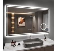Dripex 100x60cm Miroir Salle de Bain avec 3X Loupe, 45W Miroir Anti-buée avec éclairage, Affichage de L'heure, Prise pour Rasoir, Dimmable et 3 Couleurs Réglable, IP44 Étanchéité