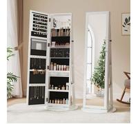 Dripex Armoire à Bijoux avec Miroir,Verrouillable,3 étagères, Grand Rangement Bijoux Pivotant 360°,38x38x158cm,Blanc