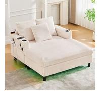 DRIPEX Canapé Chaise Longue avec porte-boissons,ports USB et éclairage LED,Fauteuil lit Paresseux en Velours Côtelé Beige