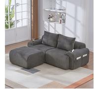 DRIPEX Canapé d'angle 2 places modulaire en velours côtelé avec un pouf,porte-boissons et poche de rangement,200*174*80cm,Gris