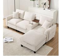DRIPEX Canapé d'angle moderne 3/4 places en L avec console, 2 porte-gobelets et port USB,canapé tissu en velours côtelé Beige