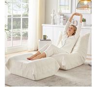 DRIPEX Canapé Lazy en tissu Teddy avec dossier et repose-pieds,Fauteuil Paresseux de sol avec pouf pour salon,chambre,Beige