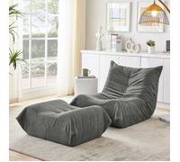 DRIPEX Canapé Lazy en tissu Teddy avec dossier et repose-pieds,Fauteuil Paresseux de sol avec pouf pour salon,chambre,Gris