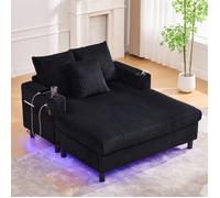 DRIPEX Canapé lit avec éclairage LED,porte-boissons et ports USB,Méridienne Paresseux en Velours Côtelé Noir,128×142cm