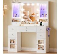 Dripex Coiffeuse avec 10 Boules Lumineuses LED et Prises, Coiffeuse avec Miroir et 2 vitrines Transparentes luxueuses avec RVB, Table de Dressing pour Chambre à Coucher, Blanche