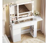 Dripex Coiffeuse avec 10 Boules Lumineuses LED et Prises, Vanity Desk avec Miroir et Plateau en Verre Transparent, Coiffeuse pour Chambre à Coucher, 115cm Blanche