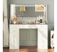 Dripex Coiffeuse avec éclairage, Coiffeuse Moderne avec 11 tiroirs, Grand Miroir LED de 110 cm et Prise électrique, luminosité réglable, pour Chambre à Coucher et Dressing, Marron Vintage
