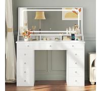Dripex Coiffeuse avec éclairage, Coiffeuse Moderne avec 11 tiroirs, Grand Miroir LED de 110 cm et Prise électrique, luminosité réglable, pour Chambre à Coucher et Dressing, Blanc
