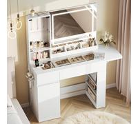 Dripex Coiffeuse avec éclairage et Prises, Vanity Desk avec Miroir et Plateau en Verre Transparent, Coiffeuse pour Chambre à Coucher, 115 cm Blanche