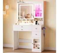 Dripex Coiffeuse avec miroir et éclairage, coiffeuse avec prise et porte-sèche-cheveux, coiffeuse avec 2 vitrines, 3 tiroirs et 4 étagères ouvertes