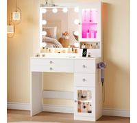 Dripex Coiffeuse avec miroir et éclairage, coiffeuse avec prise et porte-sèche-cheveux, coiffeuse avec 2 vitrines, 3 tiroirs et 4 étagères ouvertes, miroir hollywood