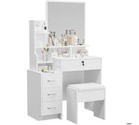Dripex Coiffeuse avec Miroir et Tabouret Confortable, Table de Maquillage Moderne, 4 Tiroirs, 4 étagères, Blanc, 87x40x144CM