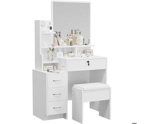 Dripex Coiffeuse avec Miroir et Tabouret Confortable, Table de Maquillage Moderne, 4 Tiroirs, 4 étagères, Blanc, 87x40x144CM