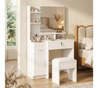 Dripex Coiffeuse avec Tabouret et Miroir, 2 tiroirs, 6 Compartiments de Rangement Ouverts pour Maquillage, Blanche