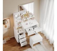 Dripex Coiffeuse Blanc, Table de Maquillage Moderne avec Miroir et Tabouret, 4 Tiroirs, Confortable Tabouret 87 x 40 x 144CM