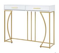 Dripex Coiffeuse ,Table de Maquillage Moderne avec 2 tiroirs ,Table de Console en Bois,Cadre en Métal,110x32x85cm ,Blanc+Or