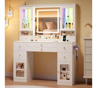 Dripex Grande Coiffeuse avec éclairage et Prises, Coiffeuse avec Miroir et 2 vitrines Transparentes luxueuses avec RVB, Table de Dressing pour Chambre à Coucher, Blanche