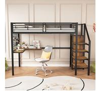 DRIPEX Lit en fer,Lit superposé 90x200cm avec table et armoire,échelle de rangement latérale,noir+couleur bois foncé