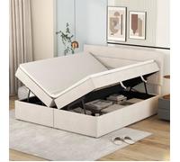 DRIPEX Lit rembourré 200x140cm Lit double en lin avec sommier à lattes,Coffre de lit Ouverture des deux côtés, Beige