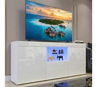 Dripex Meuble TV Bas avec Éclairage LED Blanc Brillant | Banc TV Design Moderne avec Grand Espace de Rangement | 135x70x35 cm