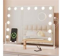 Dripex Miroir Maquillage Hollywood Lumineux, Miroir Coiffeuse LED 15 Lumières Dimmables 62 x 46 cm, Contrôle Tactile, 3 Modes de Lumière, Rotation à 360°, Support Téléphone Amovible - Blanc Blanc