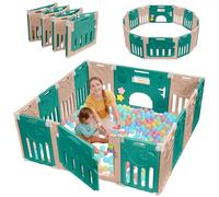Dripex Parc Bebe Modulable et Pliable 150x150cm, Parcs Enfant avec Porte et Panneau d'Activité, Grande Espace de Jeu Intérieur/Extérieur, Facile à Assembler, Brun-Vert（14 Panneaux）