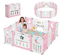 Dripex Parc Bebe Modulable et Pliable 150x150cm, Parcs Enfant avec Porte et Panneau d'Activité, Grande Espace de Jeu Intérieur/Extérieur, Facile à Assembler, Rose（14 Panneaux）
