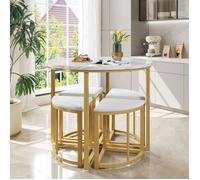 DRIPEX Table à Manger avec 4 Chaises,Ensemble Table de Cuisine Luxe ,MDF+Cadre en Fer Doré,Chaise en Velours,80x80x75cm,Blanc