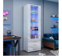 DRIPEX Vitrine Brillante avec éclairage LED,Vitrine Moderne avec 3 tiroirs et étagères de rangement en verre,60*35*180cm,Blanc