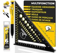 DROMME 5 en 1 Equerre Menuisier 180 mm + Crayon Chantier + Mines - Multifonction : Trusquin, Rapporteur, Gabarit de perçage, Règle, Équerre à chapeau - Alu Renforcé, Gravure Inaltérable