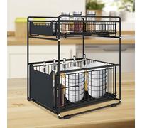 Drumm Tiroir de Rangement à 2 étages,Rganisateur sous évier,Paniers Coulissants Amovibles Coulissant en Métal,Porte-épices pour Cuisine,Salle de bain,Bureau (37.4 * 26.5 * 44cm（noir-2p）)
