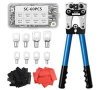 Druuzyl Pince à Sertir Professionnelle pour Cosses 10-1/0 AWG (6-50mm²) - Avec 60 Bornes à Anneau en Cuivre + 60 Gainettes Thermorétractables - Outil de Crimpage Électrique à Cliquet Multifonction