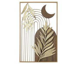 DRW Applique murale rectangulaire en métal et bois avec feuilles et lune dorées 2,5 x 35 x 56 cm