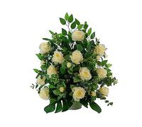 DRW Centre de fleurs artificielles avec roses réalistes blanc cassé pour cimetière Églises Mariages Centre de fleurs pour les saints avec roses et eucalyptus 80x70x40 cm