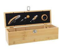 DRW Coffret en Bois pour 1 Bouteille avec 4 Accessoires de vin emtal en Naturel et chromé 9x34x8.5 cm