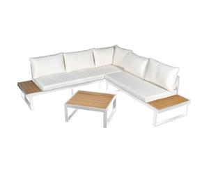 DRW Ensemble canapé d'angle avec Table en Aluminium et PS Blanc et Naturel 227 x 69 x 63 cm