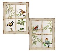 DRW Lot de 2 Tableaux rectangulaires avec Cadre en Bois décapé avec Oiseaux et Plusieurs Couleurs 39 x 49 cm