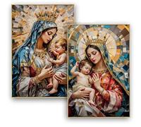 DRW Lot de 2 tableaux tableau Vierge avec l'enfant style mosaïque géométrique avec cadre doré 82 x 2 x 122 cm