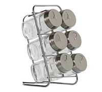 DRW Lot de 6 pots à épices en verre sur support en acier 9,5 x 14 x 18 cm. Bocaux 4 x 9,5 cm