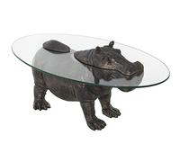 DRW Table Basse avec Un Hippopotame en résine doré Vieilli et Verre Transparent 80 x 50 x 37 cm