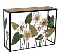 DRW Table Console d'entrée en métal et Bois avec Fleurs Tons Terre et Verts 37 x 108 x 80 cm, Medidas: 37x108x80 cm