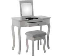 DRW Table de Coiffeuse avec tiroir en Bois avec Miroir Blanc avec Banc tapissé en Tissu Gris 80 x 40 x 74 cm, Banc 36,5 x 29 x 46 cm